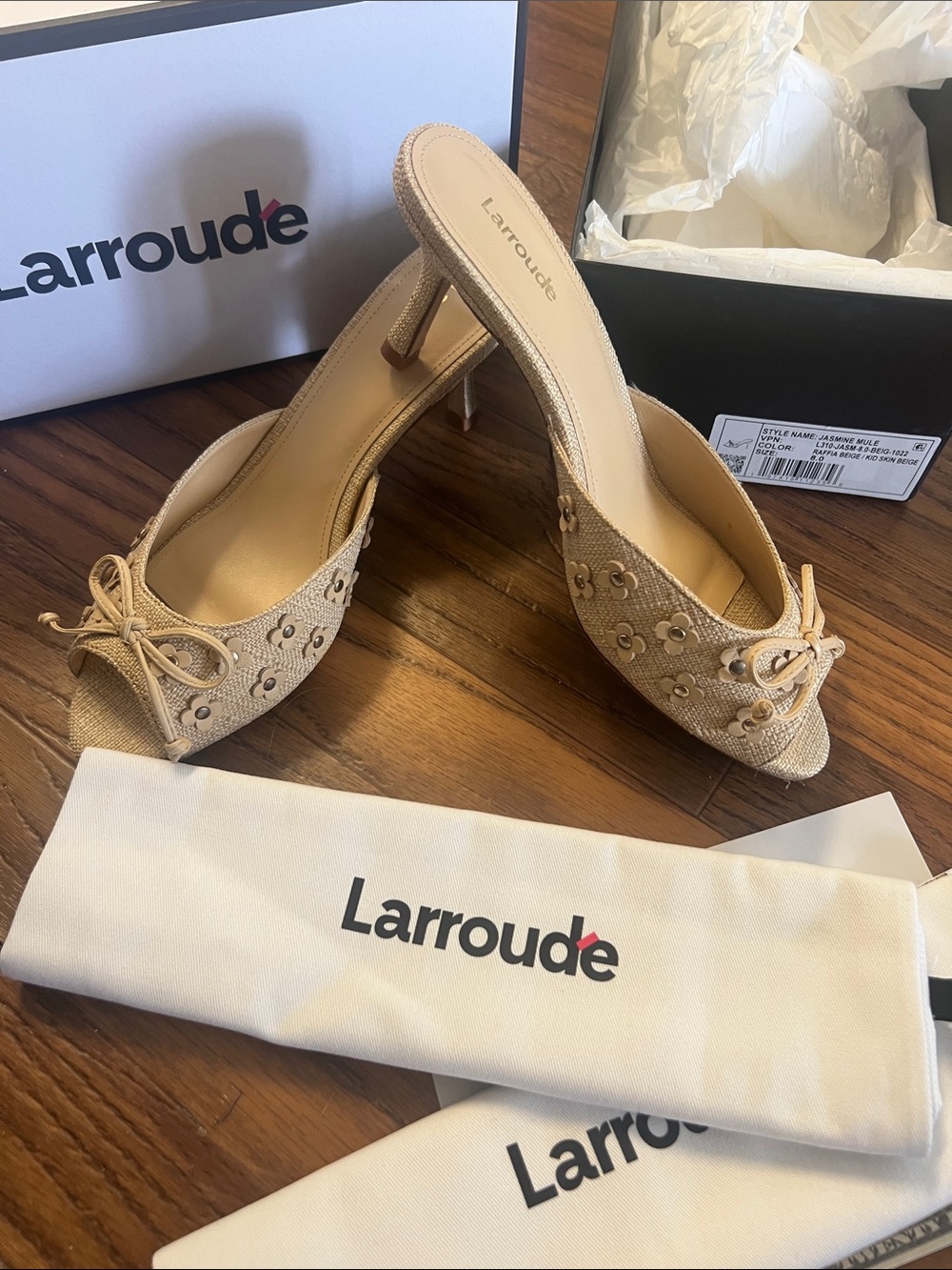 Larroude Natural Beige Raffia Bow Peep-Toe Slingback Sandals